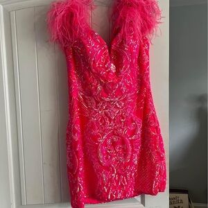Ava Presley pink feathered mini dress homecoming 28212